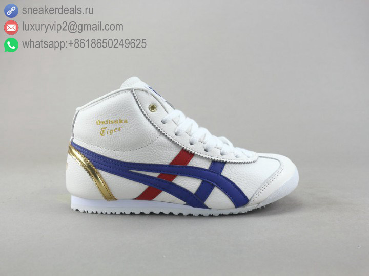 ONITSUKA TIGER MEXICO MID RUNNER HIGH WHITE BLUE WASH GOLD UNISEX LEATHER SKATE SHOES